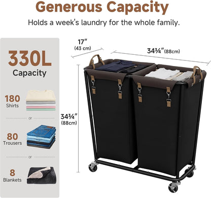 2 Section Laundry Hamper, 330L Extra Large Black Rolling Cart