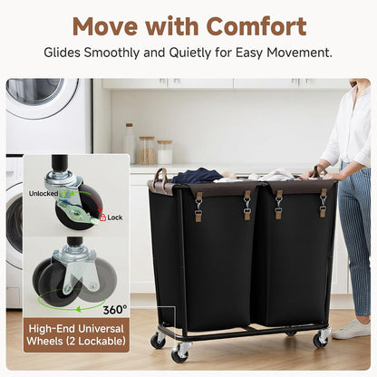 2 Section Laundry Hamper, 330L Extra Large Black Rolling Cart