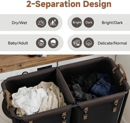 2 Section Laundry Hamper, 330L Extra Large Black Rolling Cart