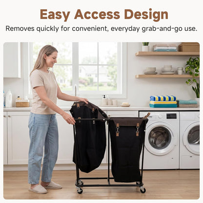 2 Section Laundry Hamper, 330L Extra Large Black Rolling Cart
