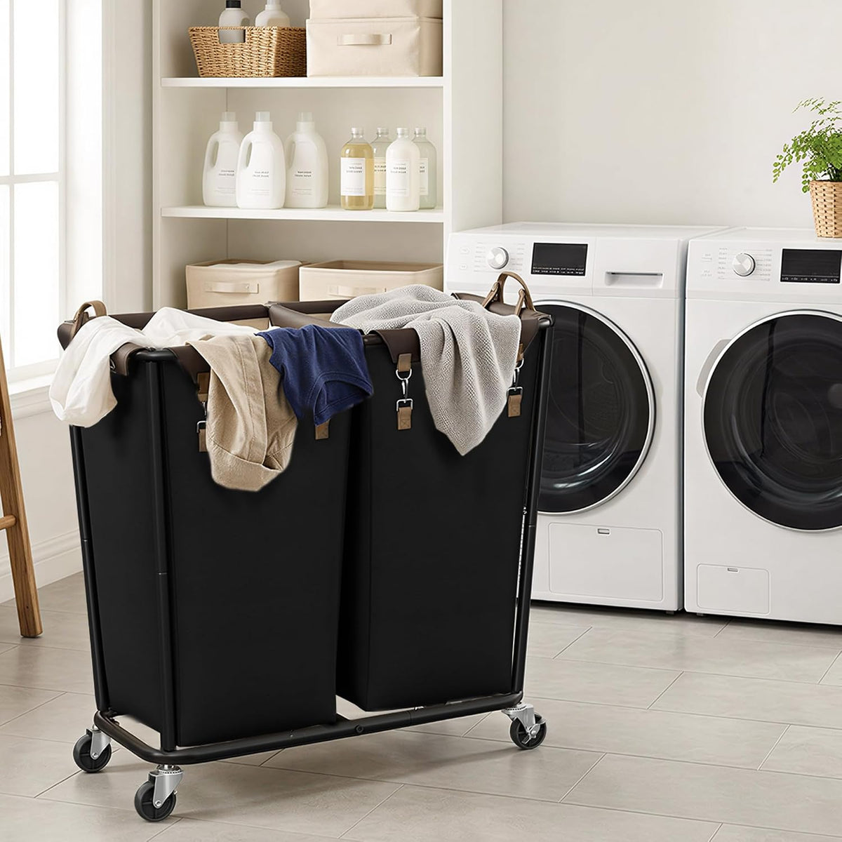 2 Section Laundry Hamper, 330L Extra Large Black Rolling Cart