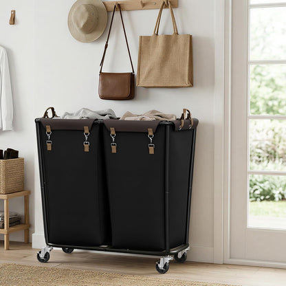 2 Section Laundry Hamper, 330L Extra Large Black Rolling Cart