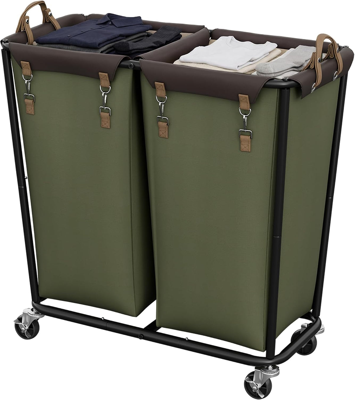2 Section Laundry Hamper, 330L Extra Large Black Rolling Cart