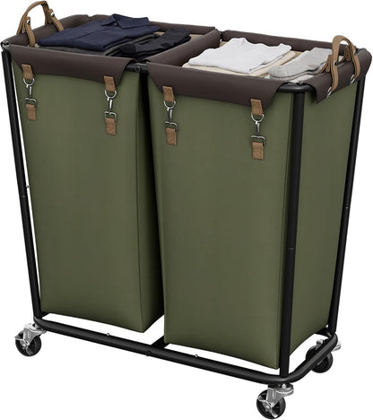 2 Section Laundry Hamper, 330L Extra Large Black Rolling Cart
