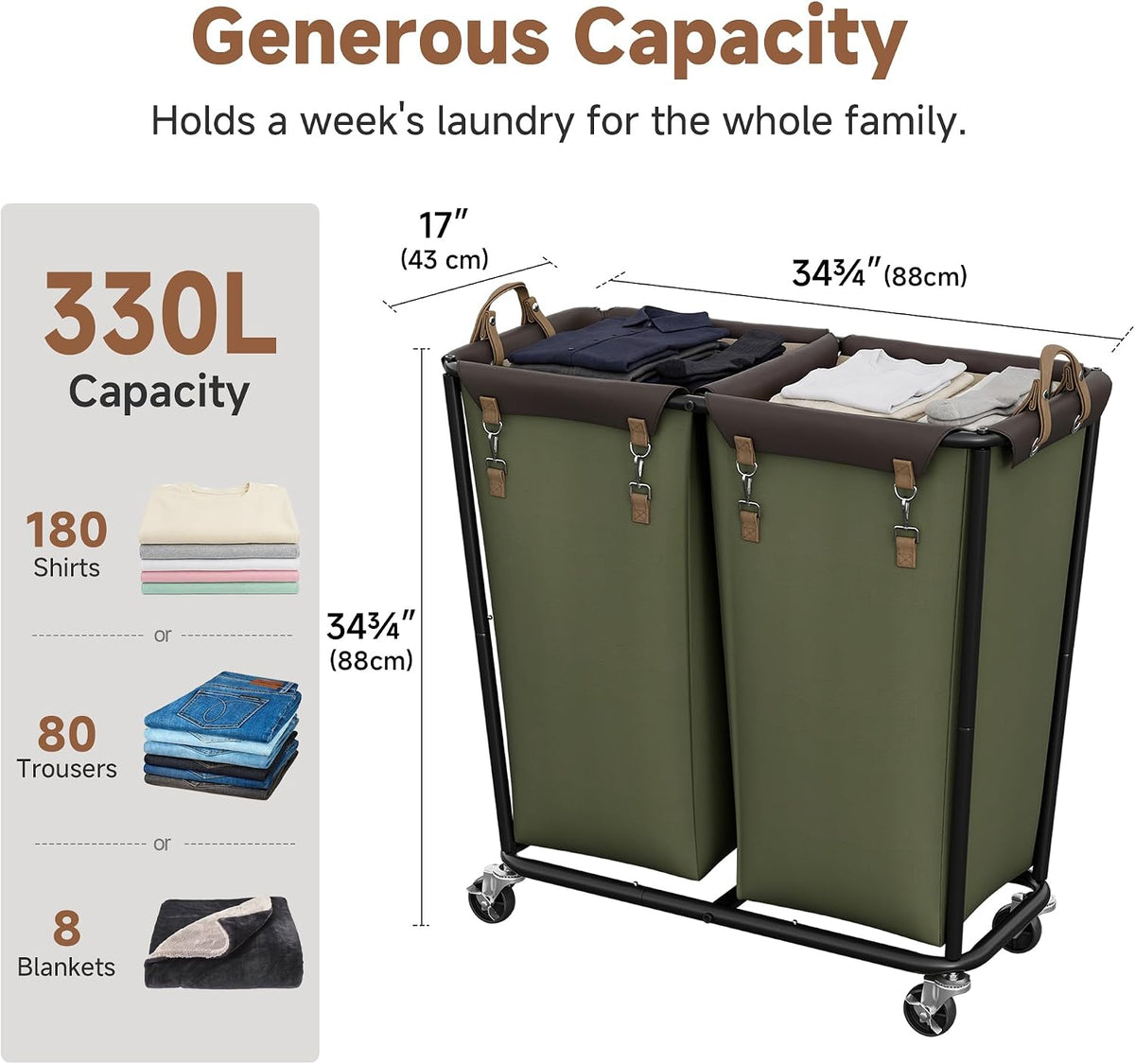 2 Section Laundry Hamper, 330L Extra Large Black Rolling Cart