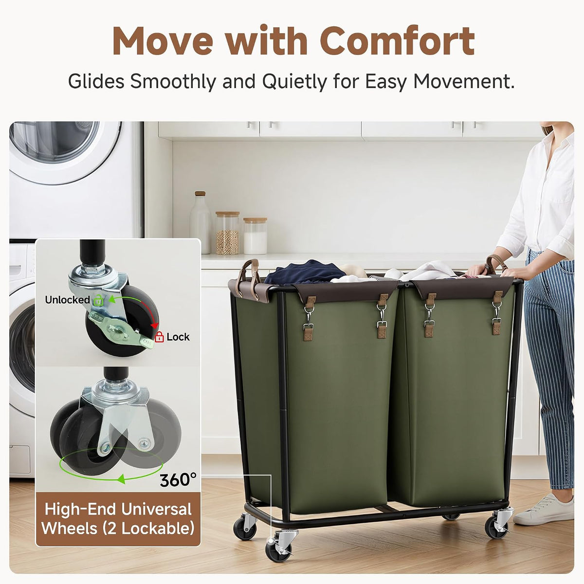 2 Section Laundry Hamper, 330L Extra Large Black Rolling Cart