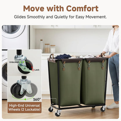 2 Section Laundry Hamper, 330L Extra Large Black Rolling Cart
