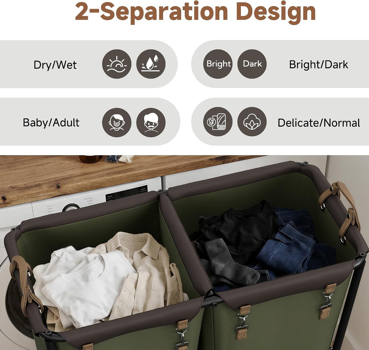 2 Section Laundry Hamper, 330L Extra Large Black Rolling Cart
