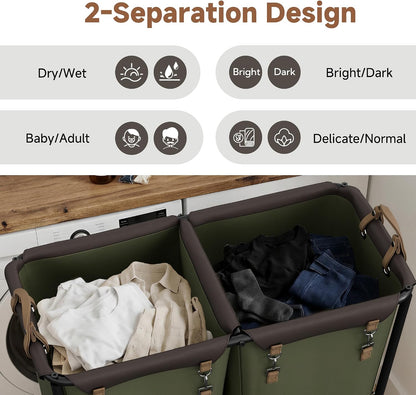 2 Section Laundry Hamper, 330L Extra Large Black Rolling Cart