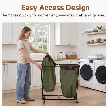 2 Section Laundry Hamper, 330L Extra Large Black Rolling Cart