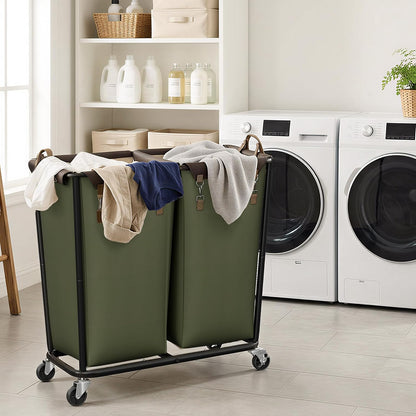 2 Section Laundry Hamper, 330L Extra Large Black Rolling Cart