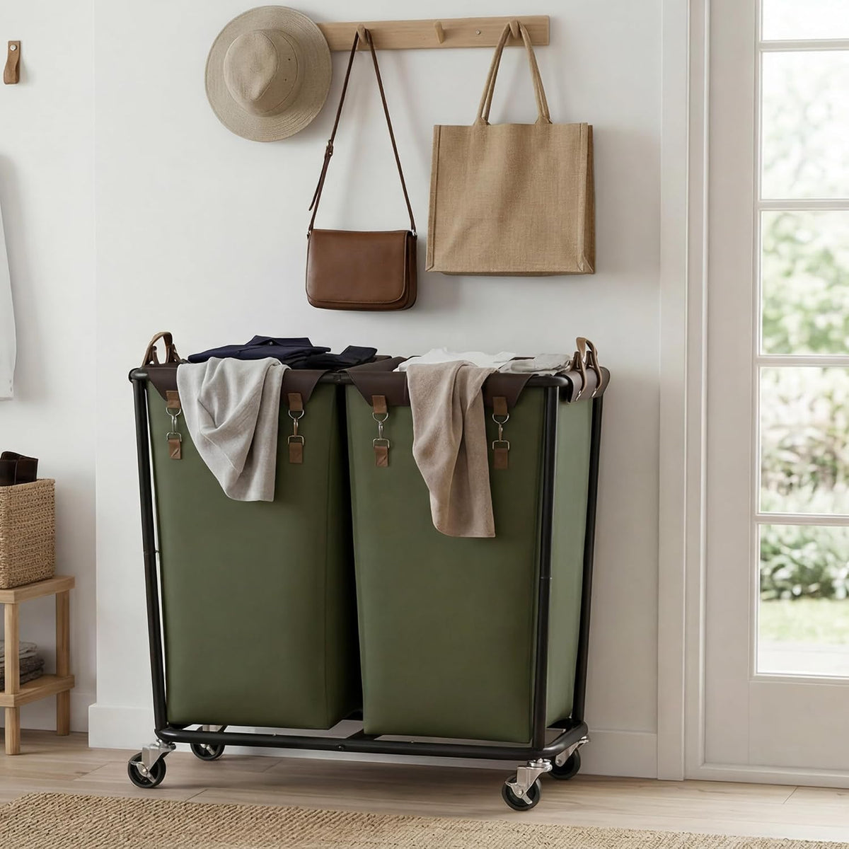 2 Section Laundry Hamper, 330L Extra Large Black Rolling Cart
