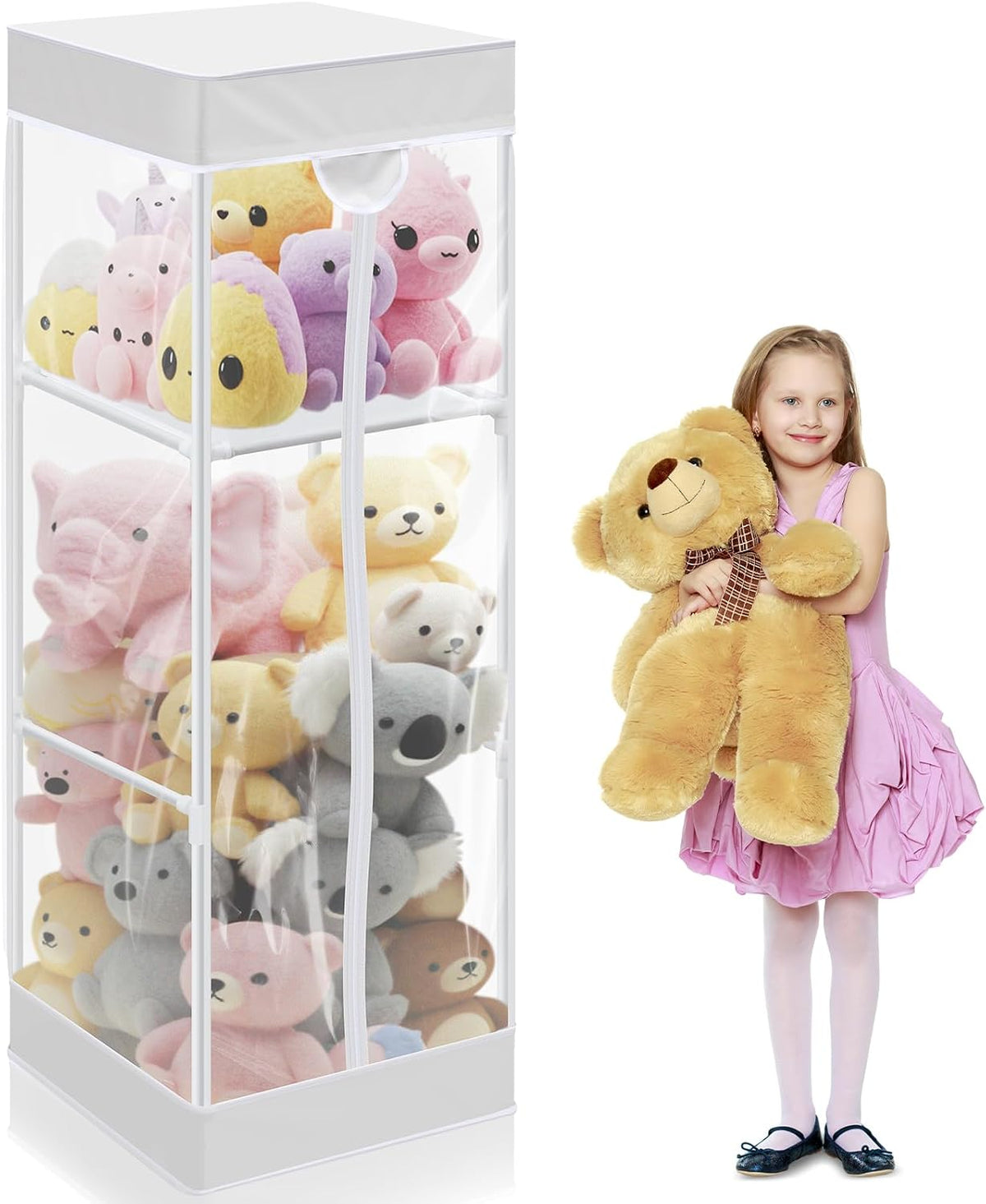 2-tier Plush 47 In Vertical Toy Stuffed Animal Storage Organizer Holder Cage Bin with PVC Waterproof and Dust Cover Zippered Stuffed Animal Organizer Playroom Nursery Kindergarten(White)