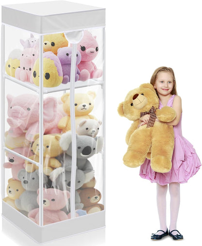 2-tier Plush 47 In Vertical Toy Stuffed Animal Storage Organizer Holder Cage Bin with PVC Waterproof and Dust Cover Zippered Stuffed Animal Organizer Playroom Nursery Kindergarten(White)