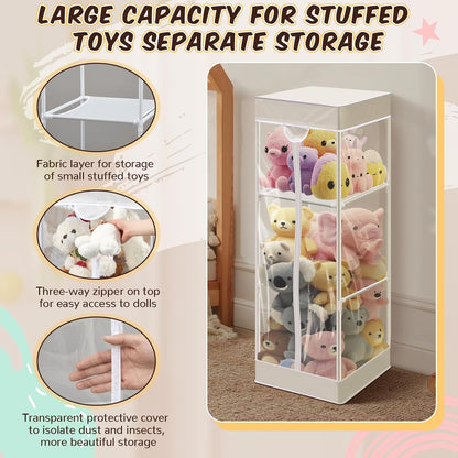 2-tier Plush 47 In Vertical Toy Stuffed Animal Storage Organizer Holder Cage Bin with PVC Waterproof and Dust Cover Zippered Stuffed Animal Organizer Playroom Nursery Kindergarten(White)