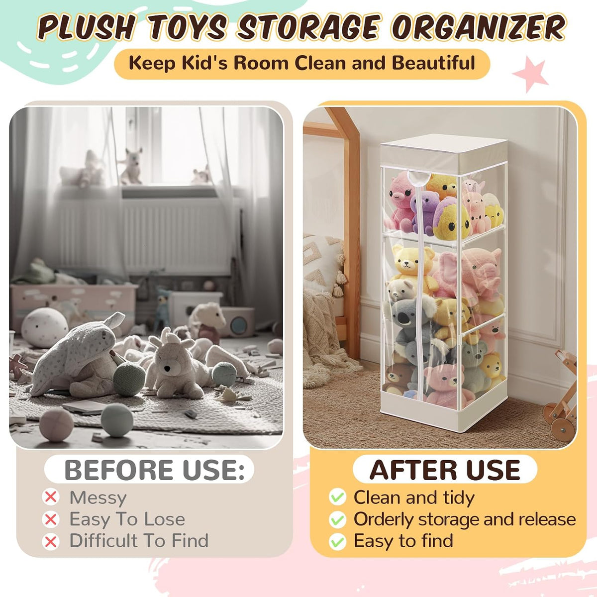 2-tier Plush 47 In Vertical Toy Stuffed Animal Storage Organizer Holder Cage Bin with PVC Waterproof and Dust Cover Zippered Stuffed Animal Organizer Playroom Nursery Kindergarten(White)