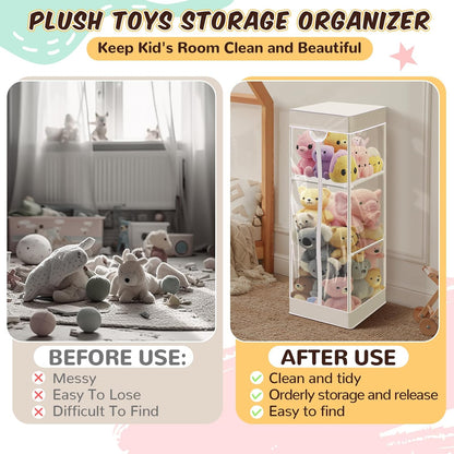 2-tier Plush 47 In Vertical Toy Stuffed Animal Storage Organizer Holder Cage Bin with PVC Waterproof and Dust Cover Zippered Stuffed Animal Organizer Playroom Nursery Kindergarten(White)