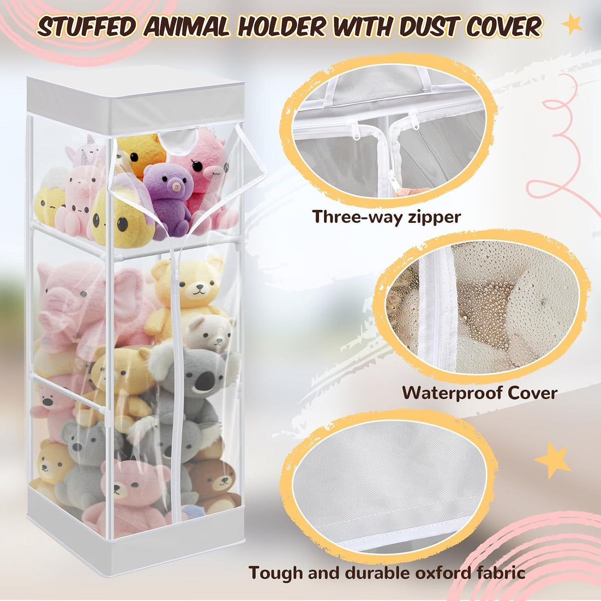 2-tier Plush 47 In Vertical Toy Stuffed Animal Storage Organizer Holder Cage Bin with PVC Waterproof and Dust Cover Zippered Stuffed Animal Organizer Playroom Nursery Kindergarten(White)