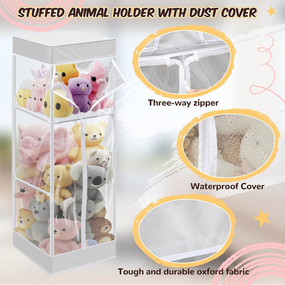 2-tier Plush 47 In Vertical Toy Stuffed Animal Storage Organizer Holder Cage Bin with PVC Waterproof and Dust Cover Zippered Stuffed Animal Organizer Playroom Nursery Kindergarten(White)