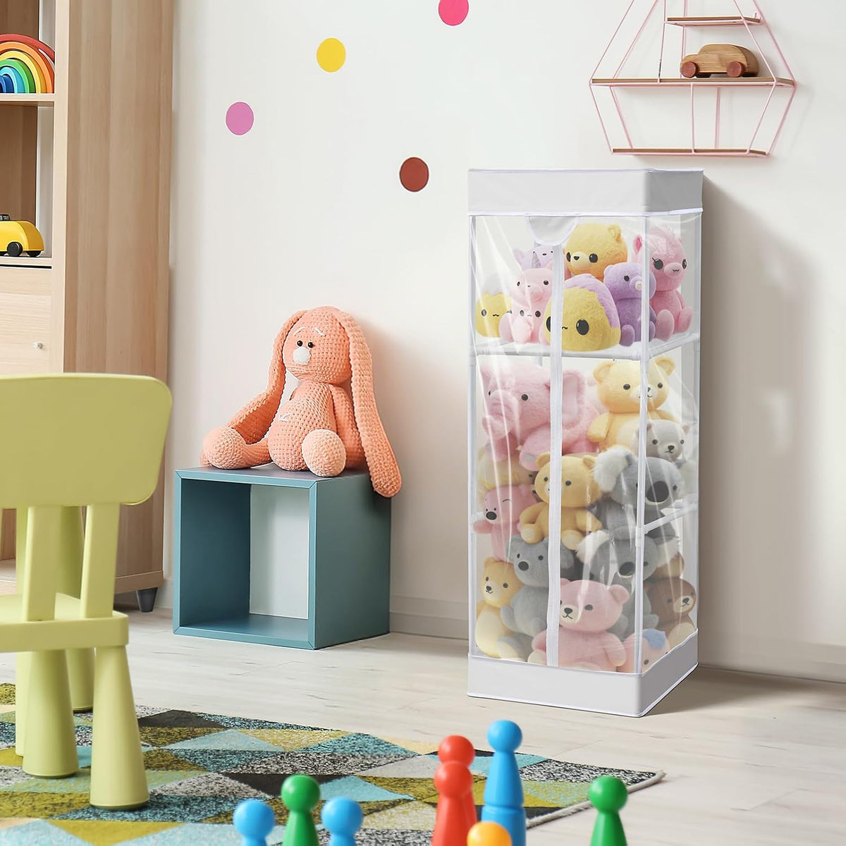 2-tier Plush 47 In Vertical Toy Stuffed Animal Storage Organizer Holder Cage Bin with PVC Waterproof and Dust Cover Zippered Stuffed Animal Organizer Playroom Nursery Kindergarten(White)