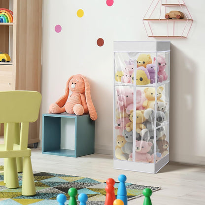 2-tier Plush 47 In Vertical Toy Stuffed Animal Storage Organizer Holder Cage Bin with PVC Waterproof and Dust Cover Zippered Stuffed Animal Organizer Playroom Nursery Kindergarten(White)