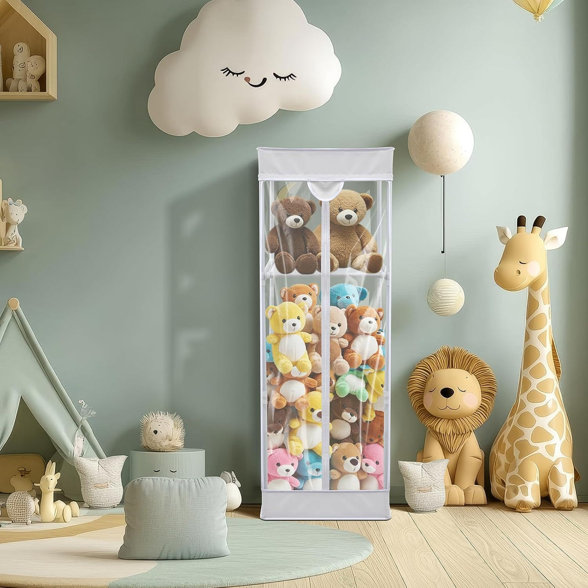2-tier Plush 47 In Vertical Toy Stuffed Animal Storage Organizer Holder Cage Bin with PVC Waterproof and Dust Cover Zippered Stuffed Animal Organizer Playroom Nursery Kindergarten(White)