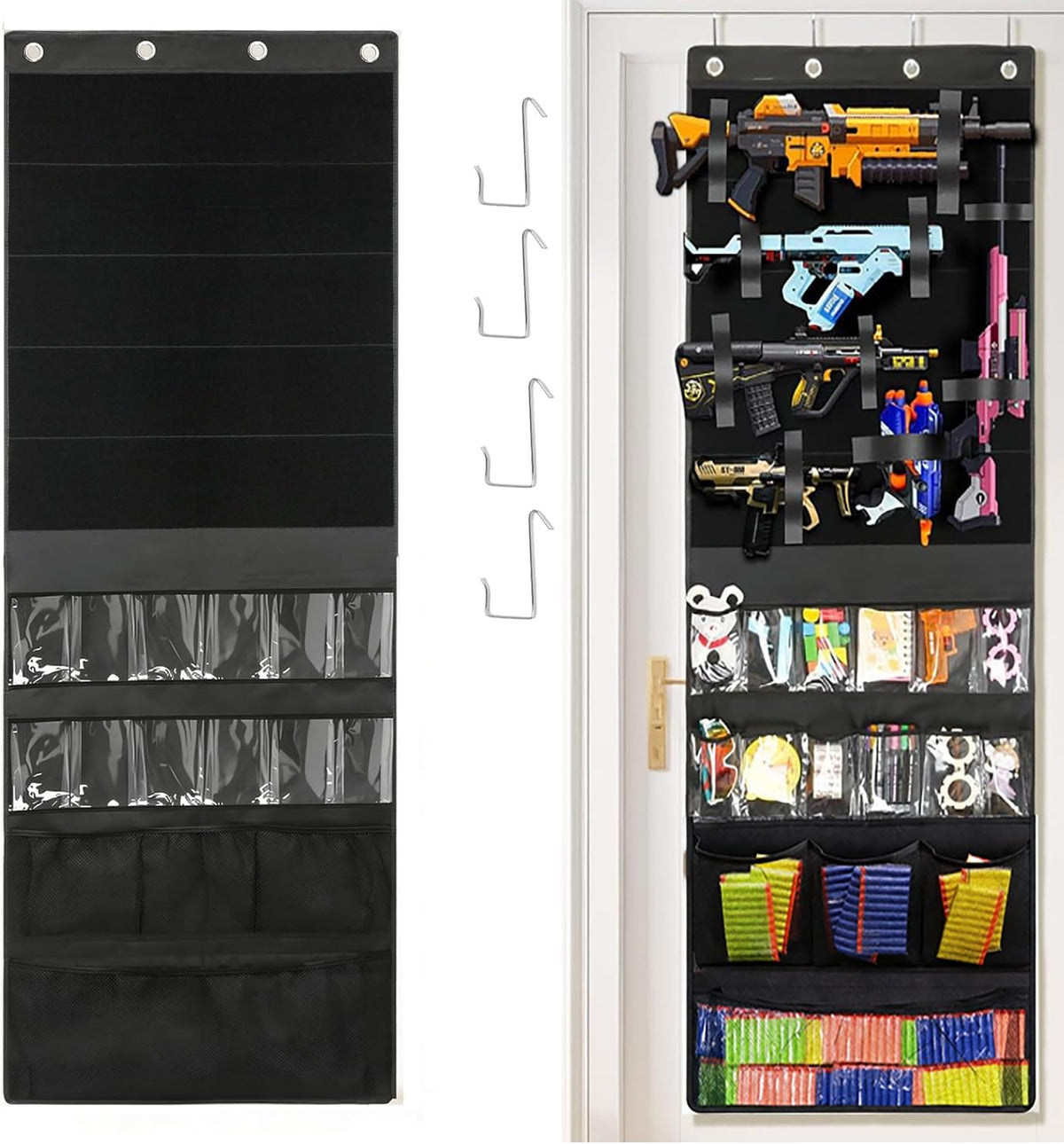Over Door Toy Blaster Organizer for Nerf Guns, Rival, Elite & Mega - Hanging Wall Large Capacity Mesh Holder for Darts, Bullets, Goggles & Tactical Gear Bedroo, Game Room Battle Station Accessory
