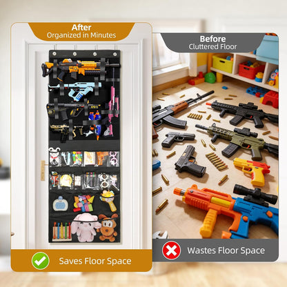 Over Door Toy Blaster Organizer for Nerf Guns, Rival, Elite & Mega - Hanging Wall Large Capacity Mesh Holder for Darts, Bullets, Goggles & Tactical Gear Bedroo, Game Room Battle Station Accessory