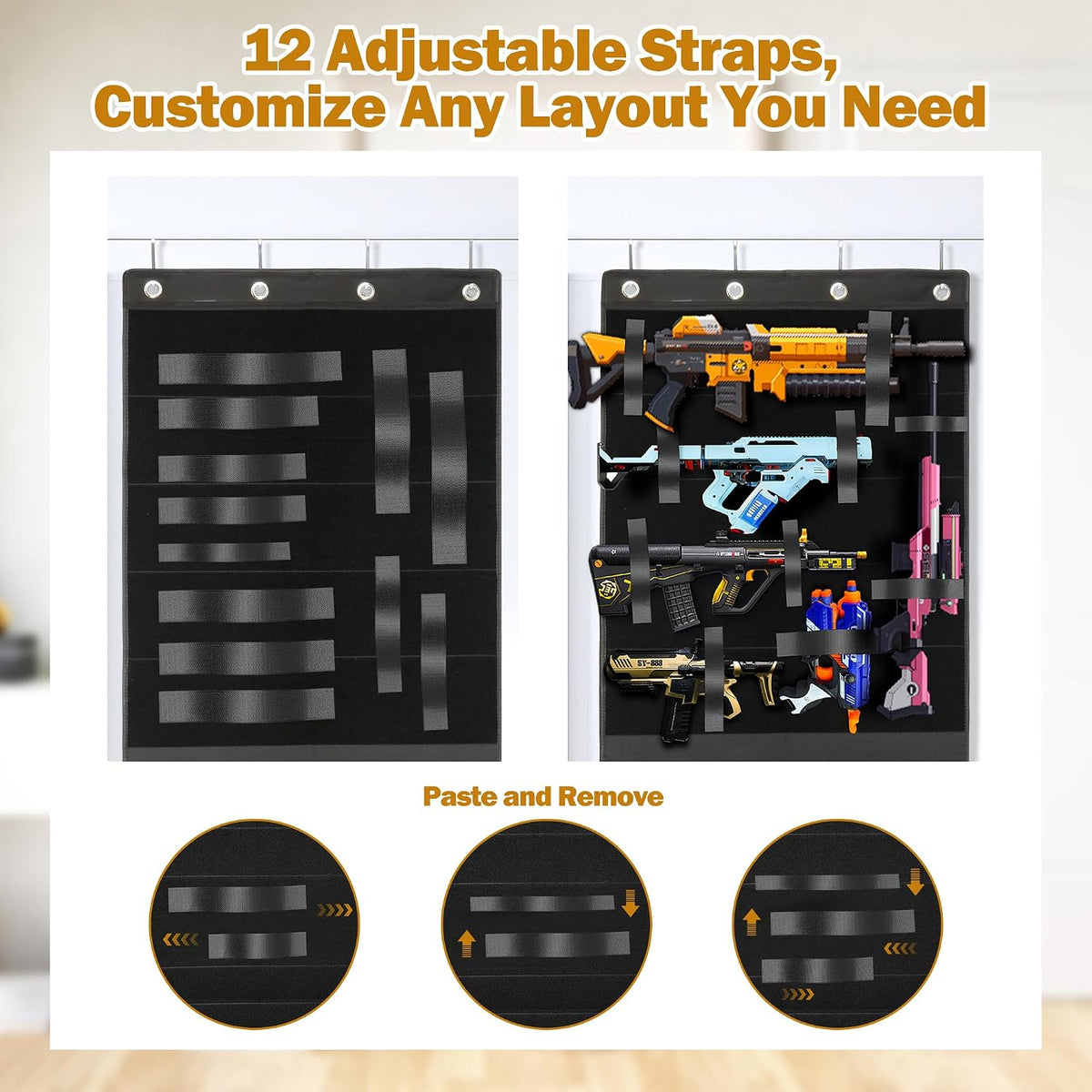Over Door Toy Blaster Organizer for Nerf Guns, Rival, Elite & Mega - Hanging Wall Large Capacity Mesh Holder for Darts, Bullets, Goggles & Tactical Gear Bedroo, Game Room Battle Station Accessory
