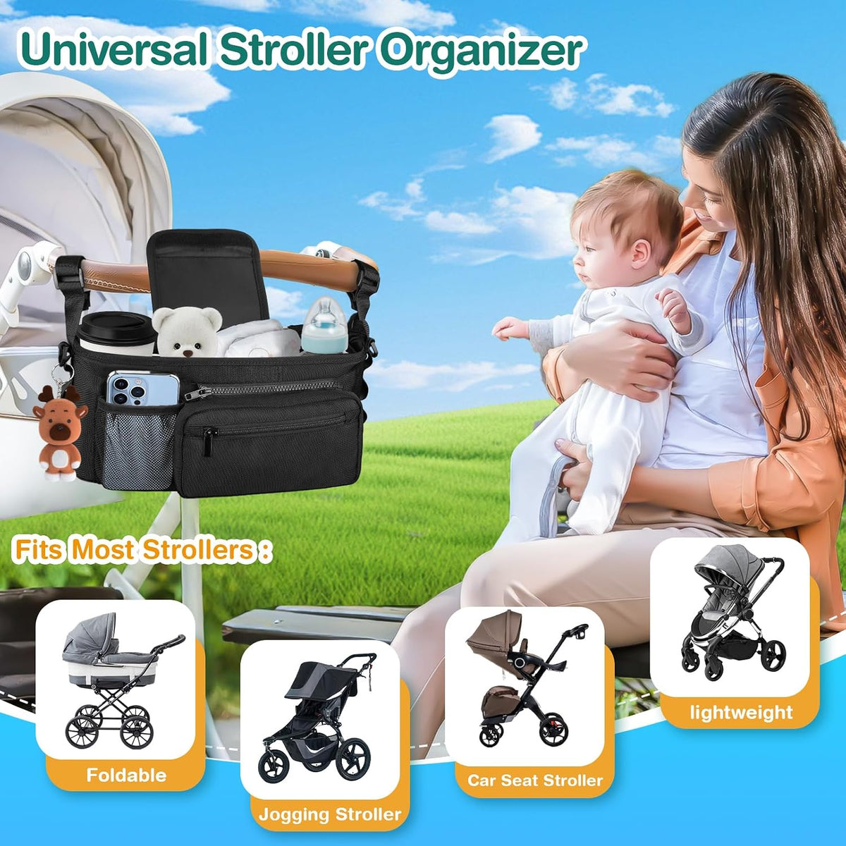 Kinembold Universal Stroller Organizer with Cup Holder Detachable Phone Bag and Shoulder Strap, Stroller Caddy Fits for Stroller Like Uppababy, Baby Jogger, Doona, Nuna, BOB, and Pet Stroller