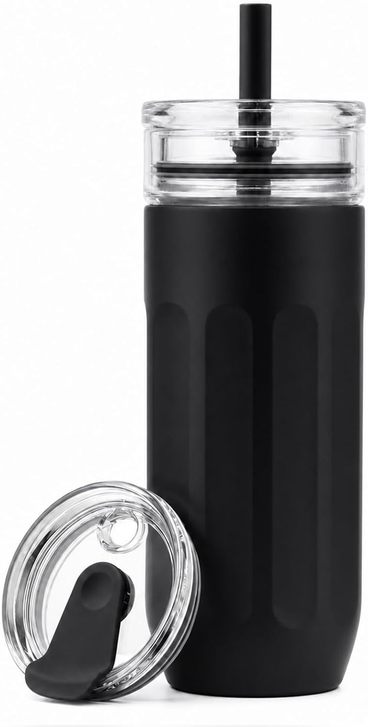 18 oz Vacuum Insulated Glass Tumbler with Straw Lid & Spout Lid - Keeps Drinks Cold for 12 Hrs - Perfect Size Iced Coffee Cup - Smoothie Cup - Dishwasher Safe