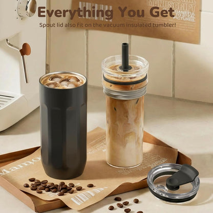 18 oz Vacuum Insulated Glass Tumbler with Straw Lid & Spout Lid - Keeps Drinks Cold for 12 Hrs - Perfect Size Iced Coffee Cup - Smoothie Cup - Dishwasher Safe