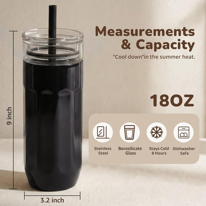 18 oz Vacuum Insulated Glass Tumbler with Straw Lid & Spout Lid - Keeps Drinks Cold for 12 Hrs - Perfect Size Iced Coffee Cup - Smoothie Cup - Dishwasher Safe