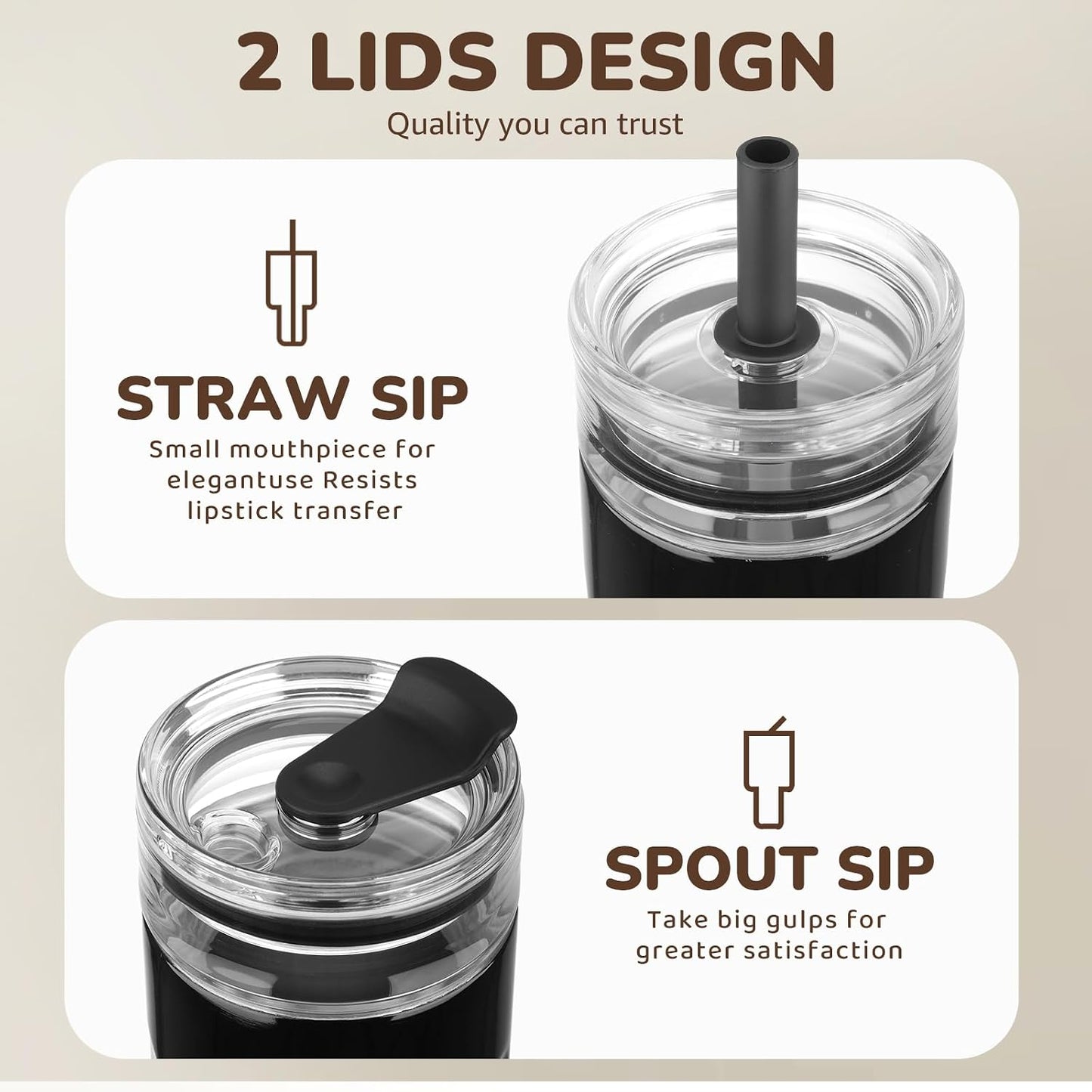 18 oz Vacuum Insulated Glass Tumbler with Straw Lid & Spout Lid - Keeps Drinks Cold for 12 Hrs - Perfect Size Iced Coffee Cup - Smoothie Cup - Dishwasher Safe