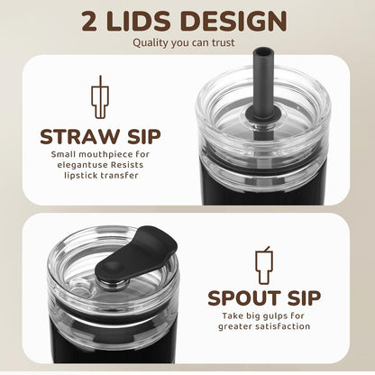 18 oz Vacuum Insulated Glass Tumbler with Straw Lid & Spout Lid - Keeps Drinks Cold for 12 Hrs - Perfect Size Iced Coffee Cup - Smoothie Cup - Dishwasher Safe