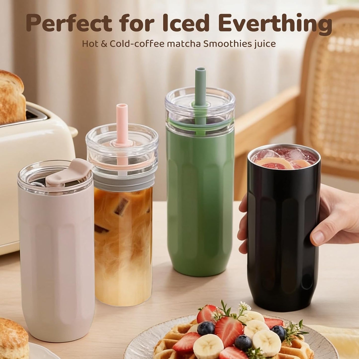 18 oz Vacuum Insulated Glass Tumbler with Straw Lid & Spout Lid - Keeps Drinks Cold for 12 Hrs - Perfect Size Iced Coffee Cup - Smoothie Cup - Dishwasher Safe
