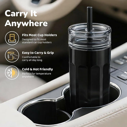 18 oz Vacuum Insulated Glass Tumbler with Straw Lid & Spout Lid - Keeps Drinks Cold for 12 Hrs - Perfect Size Iced Coffee Cup - Smoothie Cup - Dishwasher Safe