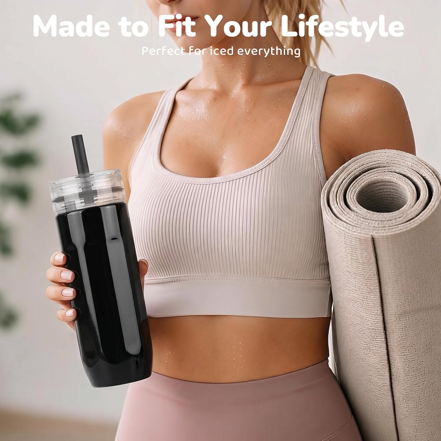 18 oz Vacuum Insulated Glass Tumbler with Straw Lid & Spout Lid - Keeps Drinks Cold for 12 Hrs - Perfect Size Iced Coffee Cup - Smoothie Cup - Dishwasher Safe