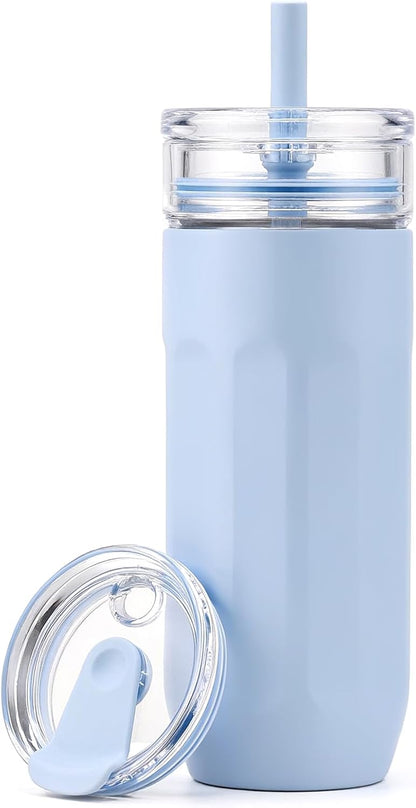 18 oz Vacuum Insulated Glass Tumbler with Straw Lid & Spout Lid - Keeps Drinks Cold for 12 Hrs - Perfect Size Iced Coffee Cup - Smoothie Cup - Dishwasher Safe