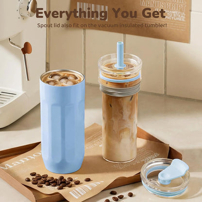 18 oz Vacuum Insulated Glass Tumbler with Straw Lid & Spout Lid - Keeps Drinks Cold for 12 Hrs - Perfect Size Iced Coffee Cup - Smoothie Cup - Dishwasher Safe