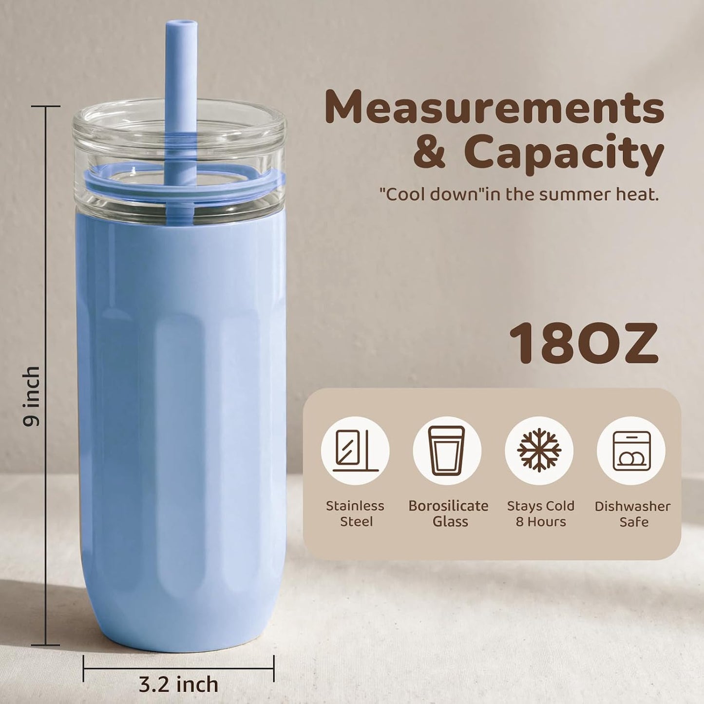 18 oz Vacuum Insulated Glass Tumbler with Straw Lid & Spout Lid - Keeps Drinks Cold for 12 Hrs - Perfect Size Iced Coffee Cup - Smoothie Cup - Dishwasher Safe