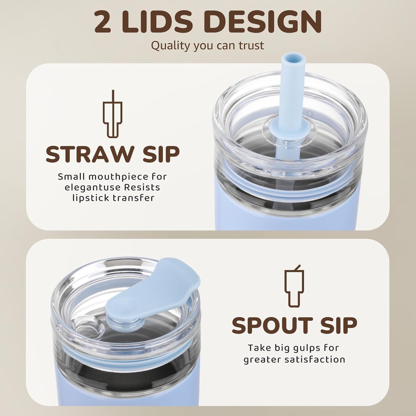 18 oz Vacuum Insulated Glass Tumbler with Straw Lid & Spout Lid - Keeps Drinks Cold for 12 Hrs - Perfect Size Iced Coffee Cup - Smoothie Cup - Dishwasher Safe