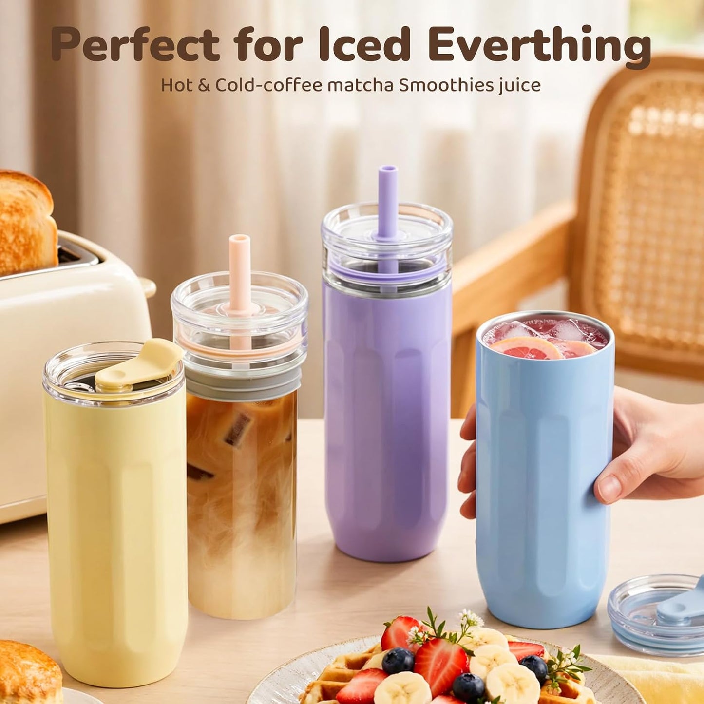 18 oz Vacuum Insulated Glass Tumbler with Straw Lid & Spout Lid - Keeps Drinks Cold for 12 Hrs - Perfect Size Iced Coffee Cup - Smoothie Cup - Dishwasher Safe
