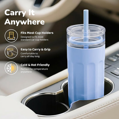 18 oz Vacuum Insulated Glass Tumbler with Straw Lid & Spout Lid - Keeps Drinks Cold for 12 Hrs - Perfect Size Iced Coffee Cup - Smoothie Cup - Dishwasher Safe
