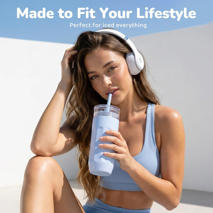 18 oz Vacuum Insulated Glass Tumbler with Straw Lid & Spout Lid - Keeps Drinks Cold for 12 Hrs - Perfect Size Iced Coffee Cup - Smoothie Cup - Dishwasher Safe