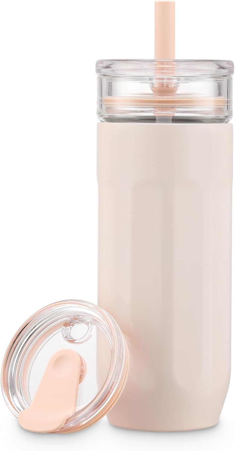 18 oz Vacuum Insulated Glass Tumbler with Straw Lid & Spout Lid - Keeps Drinks Cold for 12 Hrs - Perfect Size Iced Coffee Cup - Smoothie Cup - Dishwasher Safe