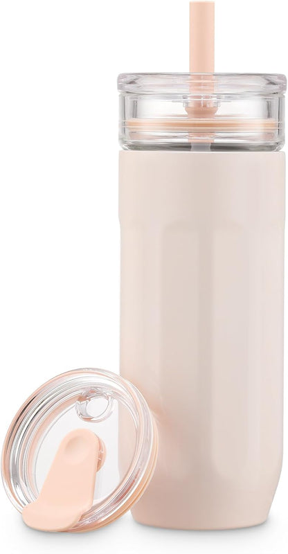 18 oz Vacuum Insulated Glass Tumbler with Straw Lid & Spout Lid - Keeps Drinks Cold for 12 Hrs - Perfect Size Iced Coffee Cup - Smoothie Cup - Dishwasher Safe