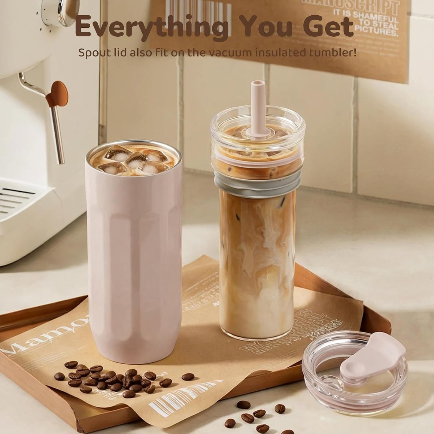 18 oz Vacuum Insulated Glass Tumbler with Straw Lid & Spout Lid - Keeps Drinks Cold for 12 Hrs - Perfect Size Iced Coffee Cup - Smoothie Cup - Dishwasher Safe