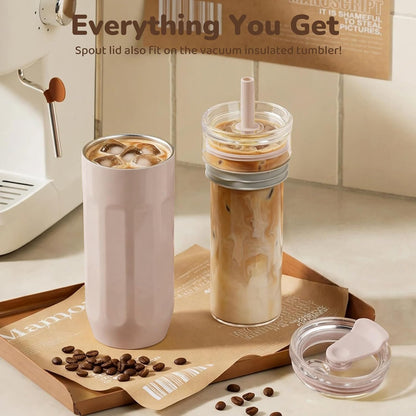 18 oz Vacuum Insulated Glass Tumbler with Straw Lid & Spout Lid - Keeps Drinks Cold for 12 Hrs - Perfect Size Iced Coffee Cup - Smoothie Cup - Dishwasher Safe