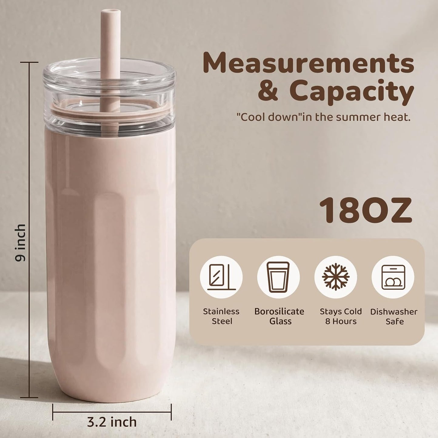 18 oz Vacuum Insulated Glass Tumbler with Straw Lid & Spout Lid - Keeps Drinks Cold for 12 Hrs - Perfect Size Iced Coffee Cup - Smoothie Cup - Dishwasher Safe